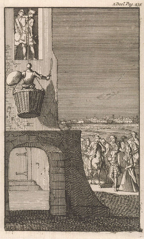 Don Clarazel is hoisted into a laundry basket, Caspar Luyken, 1697 Canvas Print