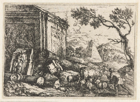 Ruin Landscape with a Shepherd and His Flock, Jonas Umbach, 1634 - 1693 Canvas Print