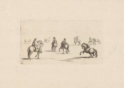 Study sheet with four horsemen and horses, anonymous, 1675 - 1711 Canvas Print