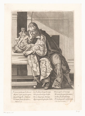 Man with a cloak on which women's heads, leans on a table on which a monkey, Abraham Bosse, c. 1634 Canvas Print