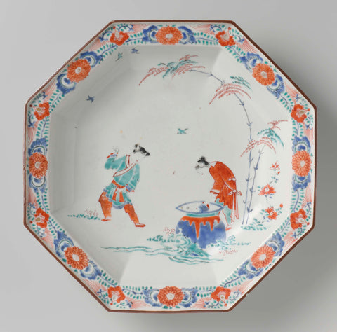 Octagonal plate with an image of Shiba Onko and floral scrolls, anonymous, anonymous, c. 1690 - c. 1710 Canvas Print