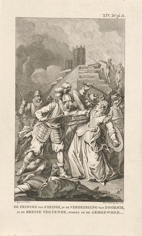 The princess of Espinoy is wounded in the defense of Tournai, 1581, Reinier Vinkeles (I), 1785 Canvas Print