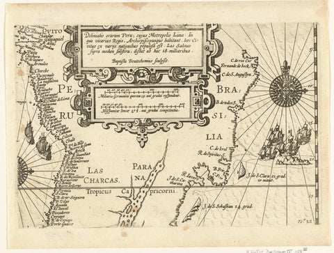 Map with the coasts of Peru and Brazil, 1600, Baptista of Doetechum, 1646 Canvas Print