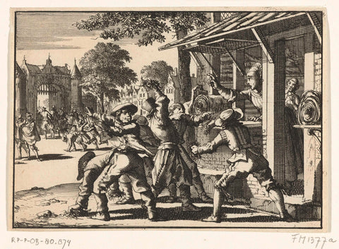 The shops of counter-demonstrators in Schoonhoven are attacked and thrown with dirt, 1617, Jan Luyken, 1696 - 1700 Canvas Print