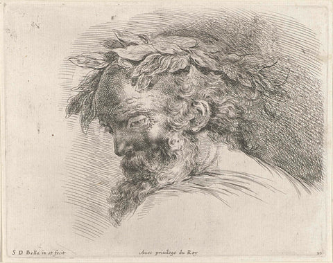 Head of an old man with laurel wreath, looking down on the left, Stefano della Bella, 1620 - 1664 Canvas Print