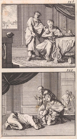 David punished by Nathan / David prays for the life of the child of Bathsheba, Caspar Luyken, 1698 Canvas Print