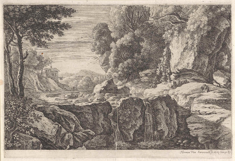 Landscape with a small waterfall, Herman van Swaneelt, 1650 - 1655 Canvas Print