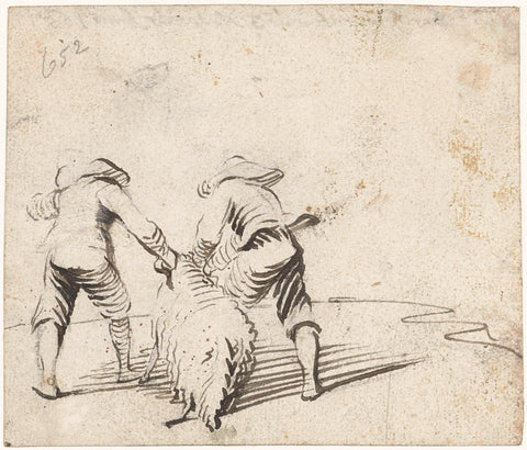 Two boys pull a sheep from behind, Harmen ter Borch, 1651 Canvas Print