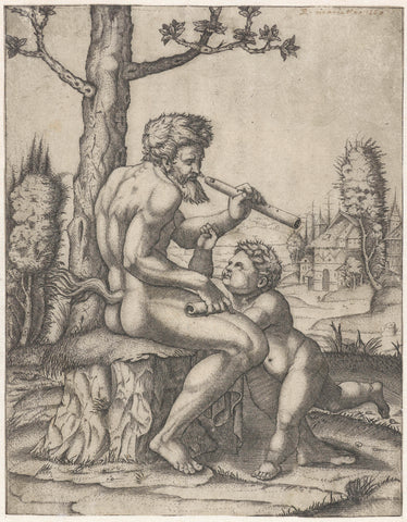 Faun with flute plays with child, Marcantonio Raimondi, 1507 - 1511 Canvas Print