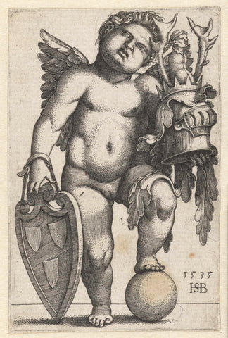 Female putto with coat of arms on a shield, Hans Sebald Beham, 1535 Canvas Print