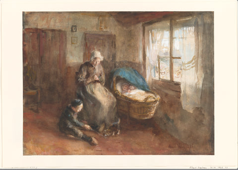 Interior with a woman at a crib and a boy on the ground, Albert Neuhuys (1844-1914), c. 1854 - c. 1914 Canvas Print