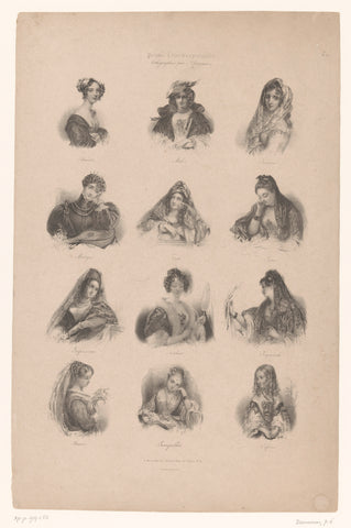 Twelve busts of young women with different moods, Émilien Desmaisons, 1835 Canvas Print