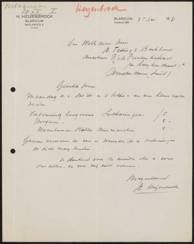 Letter to jonkheer Hendrik Teding van Berkhout (1879-1969), Herman Heijenbrock, 1931 Canvas Print