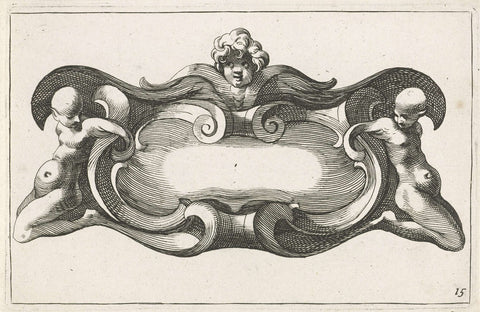 Horizontal cartouche with naked satyrs and a cherub, Lucas Kilian, 1657 - 1685 Canvas Print