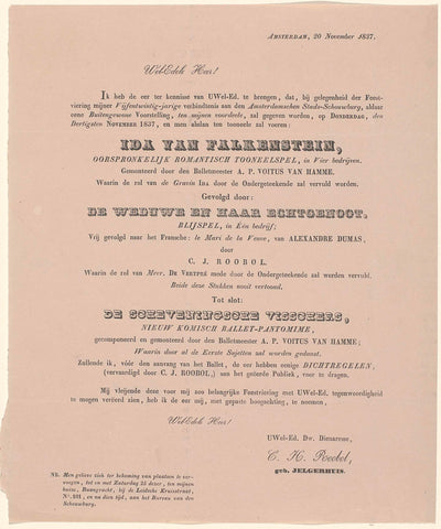 Invitation to the theatrical performance in honour of the twenty-five-year commitment of the actress C.H. Roobol-Jelgerhuis at the Amsterdamse Schouwburg, 1837, anonymous, 1837 Canvas Print