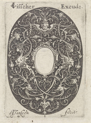 Oval with stylized tendrils and an empty compartment in the middle, Hans Janssen, c. 1615 - c. 1630 Canvas Print