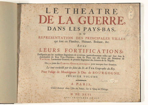 Title page for the first part of the print work: Le Theatre de la Guerre, dans les Pays-Bas, 1696, Nicolas de Fer, 1696 Canvas Print