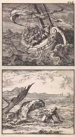 Jonah in the storm thrown out of the ship / Jonah spewed out by the whale, Jan Luyken, 1698 Canvas Print