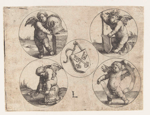 Coat of arms of Leiden and four putti with weaponry, Lucas van Leyden, 1527 - 1583 Canvas Print