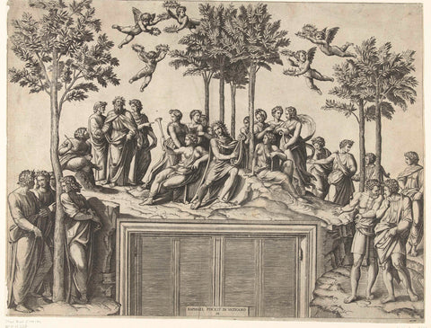 Apollo and muses on Mount Parnassus, Marcantonio Raimondi, 1517 - 1570 Canvas Print