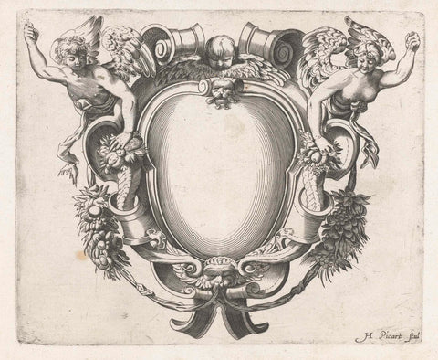 Cartouche with two upper bodies of winged women, H. Picart, c. 1628 Canvas Print