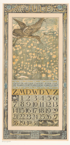 Calendar sheet July with redshank, Theo van Hoytema, 1906 Canvas Print
