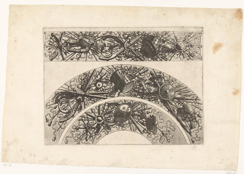 Two semicircals with trophies of weapons and musical instruments under a horizontal trophy with weapons and armor, Johannes or Lucas van Doetechum, 1572 Canvas Print