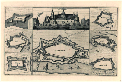 Seven fortress maps and a view of The Toll House at Lobit, anonymous, 1675 Canvas Print