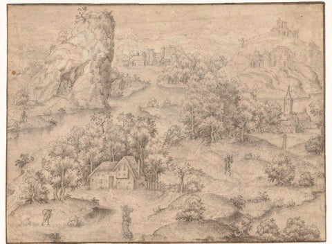 Fantasy landscape with a steep rock, anonymous, 1538 - 1564 Canvas Print