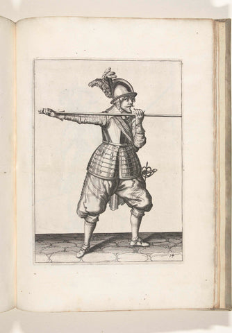 Soldier carrying his skewer with both hands horizontally at shoulder height, his right hand at the foot of the coat of arms (no. 14), ca. 1600, Jacob de Gheyn (II) (workshop or), 1597 - 1607 Canvas Print