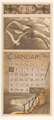 Calendar sheet January with ship and seagulls, Theo van Hoytema, 1911 Canvas Print