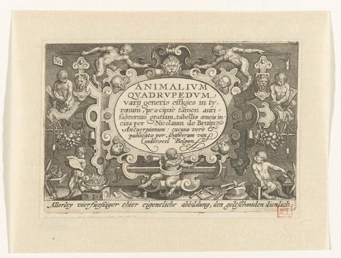 Title print with title in cartouche with monkeys working as a goldsmith, Nicolaes de Bruyn, 1594 Canvas Print