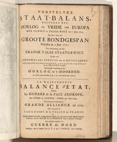 Title page for: Vorstelyke Staat-Balans, 1709-1710, Abraham Allard, 1710 Canvas Print