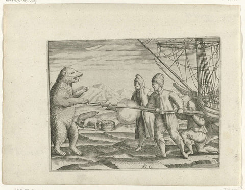 Three polar bears at the stranded ship, 1596, anonymous, 1615 - 1617 Canvas Print