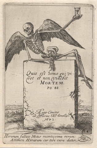 Winged skeleton with hourglass on a tombstone, Hendrick Hondius, 1642 Canvas Print