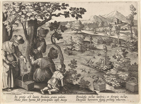 Hunting birds with decoys and bird glue, Jan Collaert (II), 1594 - 1598 Canvas Print