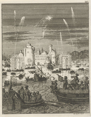 Fireworks and gondola ride at the crossing of the Nijldijk in Cairo, Jan Luyken, 1681 Canvas Print