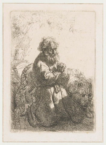 St Jerome kneeling in prayer, looking down, Rembrandt van Rijn, 1635 Canvas Print