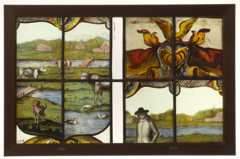 Windowpane with landscape, figures and helmet sign., anonymous, 1700 - 1900 Canvas Print