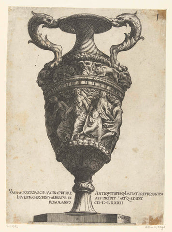 Vase with two ears in the form of fish that stand on a claw, Cherubino Alberti, 1563 - 1582 Canvas Print