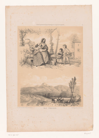 Woman with three children and mountain landscape with farmers and cattle, Fortuné Férogio, 1843 Canvas Print