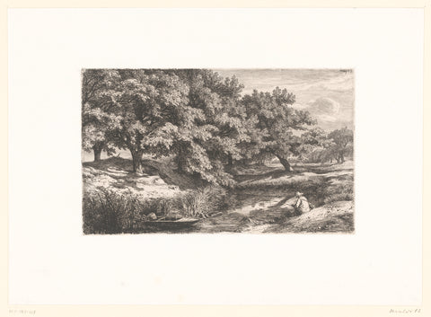 Landscape with fisherman on a river, Eugène Bléry, 1850 Canvas Print