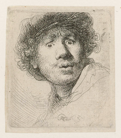 Self-portrait in a Cap, Wide-eyed and Open-mouthed, Rembrandt van Rijn, 1630 Canvas Print