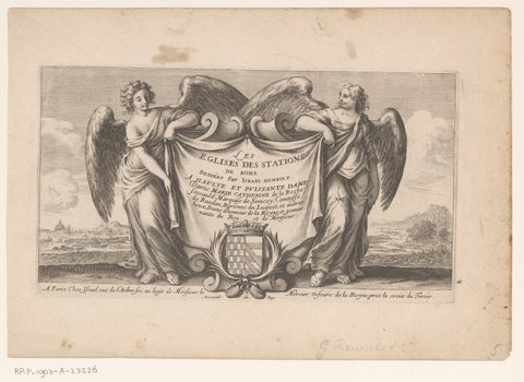 Title print with two angels and drapery, Gilles Rousselet, 1650 Canvas Print