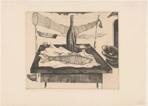 Still life with fish, bottle and fishing net, Lodewijk Schelfhout, 1930 Canvas Print