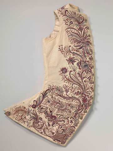 Long sleeveless cardigan of cream rips silk, unadorned from the back and almost completely covered from the front with large embroidered floral and leaf motifs in gray, burgundy, white, cream, anonymous Canvas Print