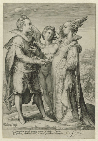 Marriage out of sensuality by Amor concluded, Jan Saenredam, 1575 - 1607 Canvas Print