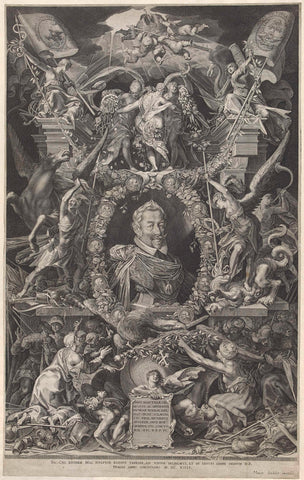 Portrait of Emperor Matthias in allegorical frame, Aegidius Sadeler, 1614 Canvas Print