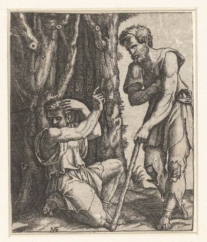 Man knielt en wendt zich af van bedelaar aan bosrand, Marcantonio Raimondi, 1510 - 1527 Canvas Print