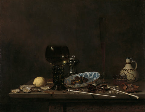 Still Life with Roemer, Flute Glass, Earthenware Jug and Pipes, Jan Jansz. van de Velde (III), 1651 Canvas Print